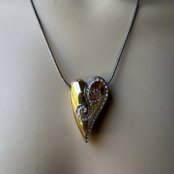 Brighton Pendant Necklace 16" Swarovski Crystal Silver Gold Tone Puffy Heart - Picture 6 of 11